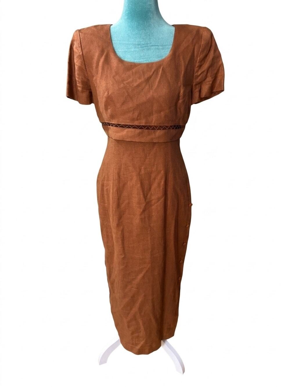 Vintage Donna Morgan Terracotta Rust Linen Midi Dress 4 Quiet Luxury Cottagecore